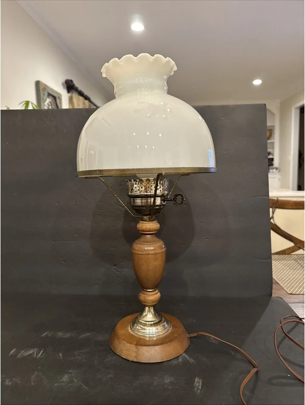 Vintage Hurricane Table Lamp 20” Tall Oak Wood & Brass W Milk Glass Shade